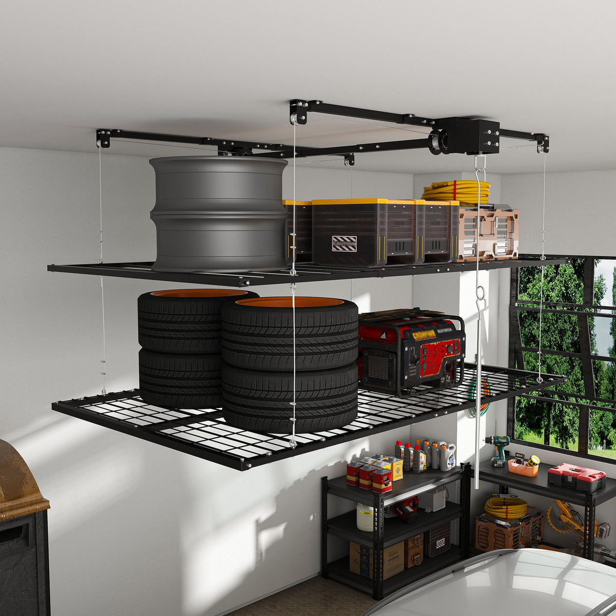 Overhead Garage Storage Rack with Crank System - Black or White