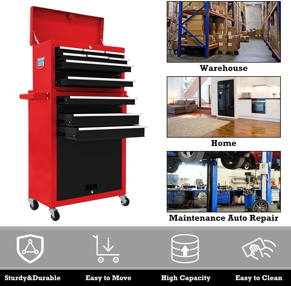 13-Drawer Tool Chest with Wheels, 2 in 1 Detachable Rolling Toolbox with Drawers, Large Tool Box with Lock, Mobile Steel Tool Cabinet Storage for Warehouse, Garage (Red&Black)
