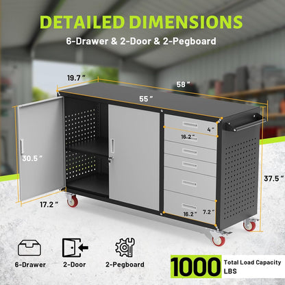 55"W Heavy Duty Rolling Workbench with Drawers and Storage,1000 LBS Capacity Work Bench with Lockable Cabinet & Adjustable Shelf,Garage Workbench with Pegboard & Wheels for Garage/Repair Shop