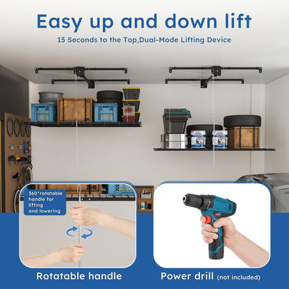 Overhead Garage Storage Rack with Crank System - Black or White