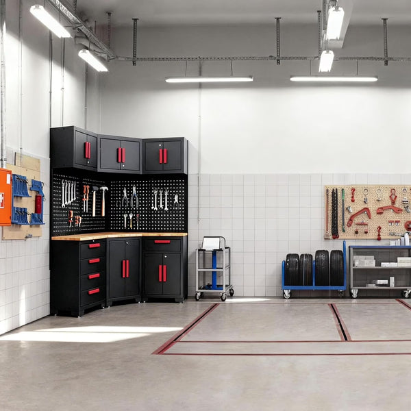 Garage Cabinet Storage System Built for Workshop Organization, 10-Piece Steel Set, Corner Design, Pegboard Compatible