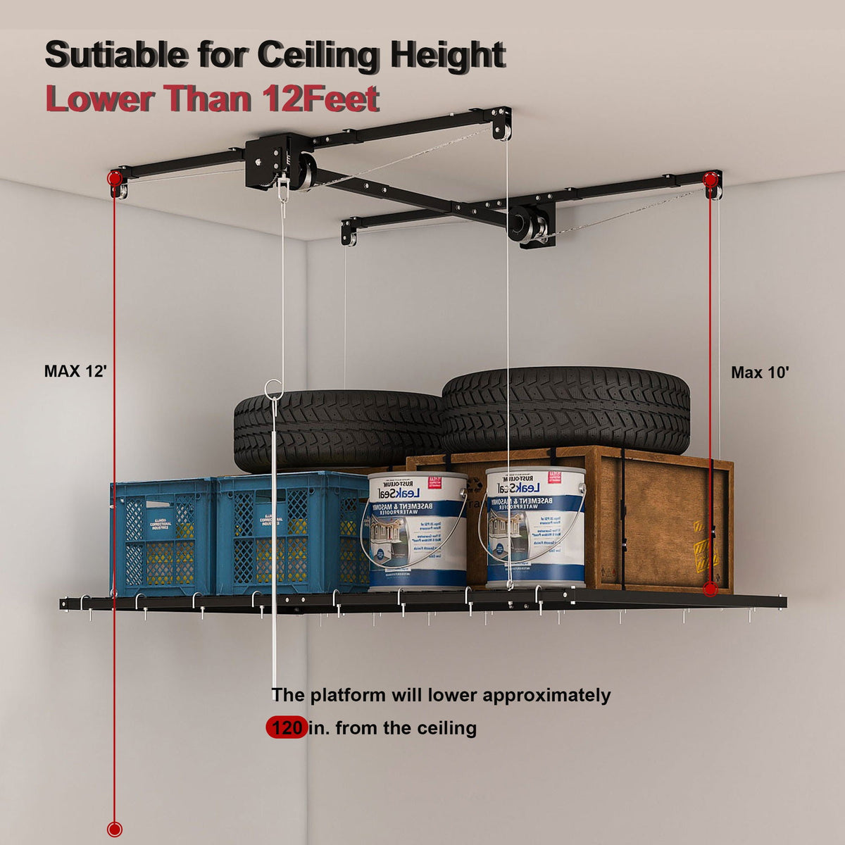 Overhead Garage Storage Rack with Crank System - Black or White