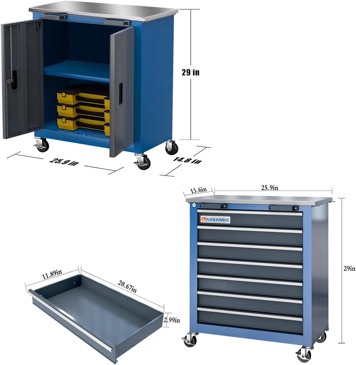 Combination Tool Chest with Lock,5-Drawer/7-Drawer/2 Door Tool Cabinet Can Be Interconnected,Rolling Tool Chest with Wheels and Padded Feet,With Stainless Steel Protective Film Countertop