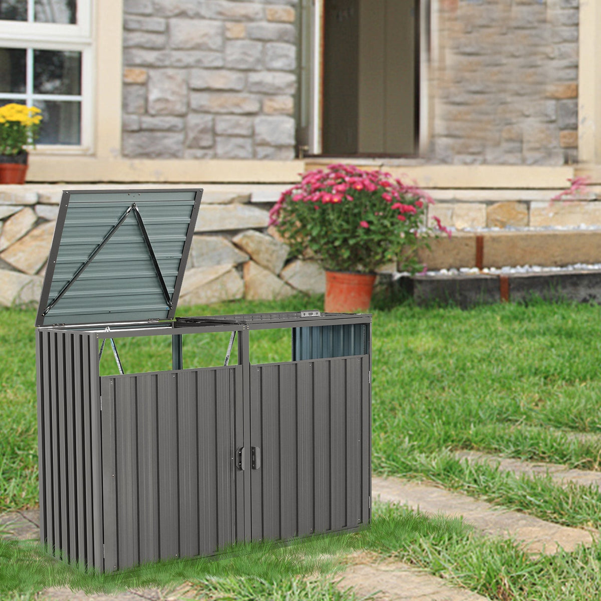 Outdoor Metal Garbage Bin Shed with Durable Galvanized Steel - Two Trash Cans