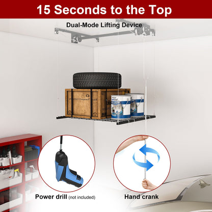 Overhead Garage Storage Rack with Crank System - Black or White