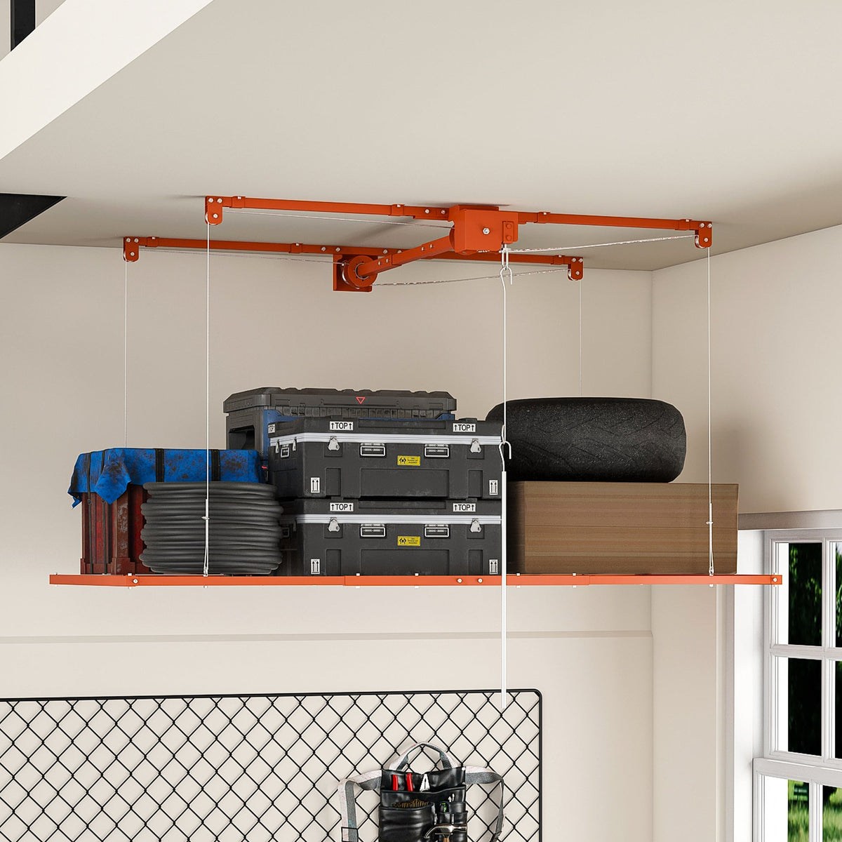 Orange Overhead Garage Storage Rack with All-Steel Construction - Orange
