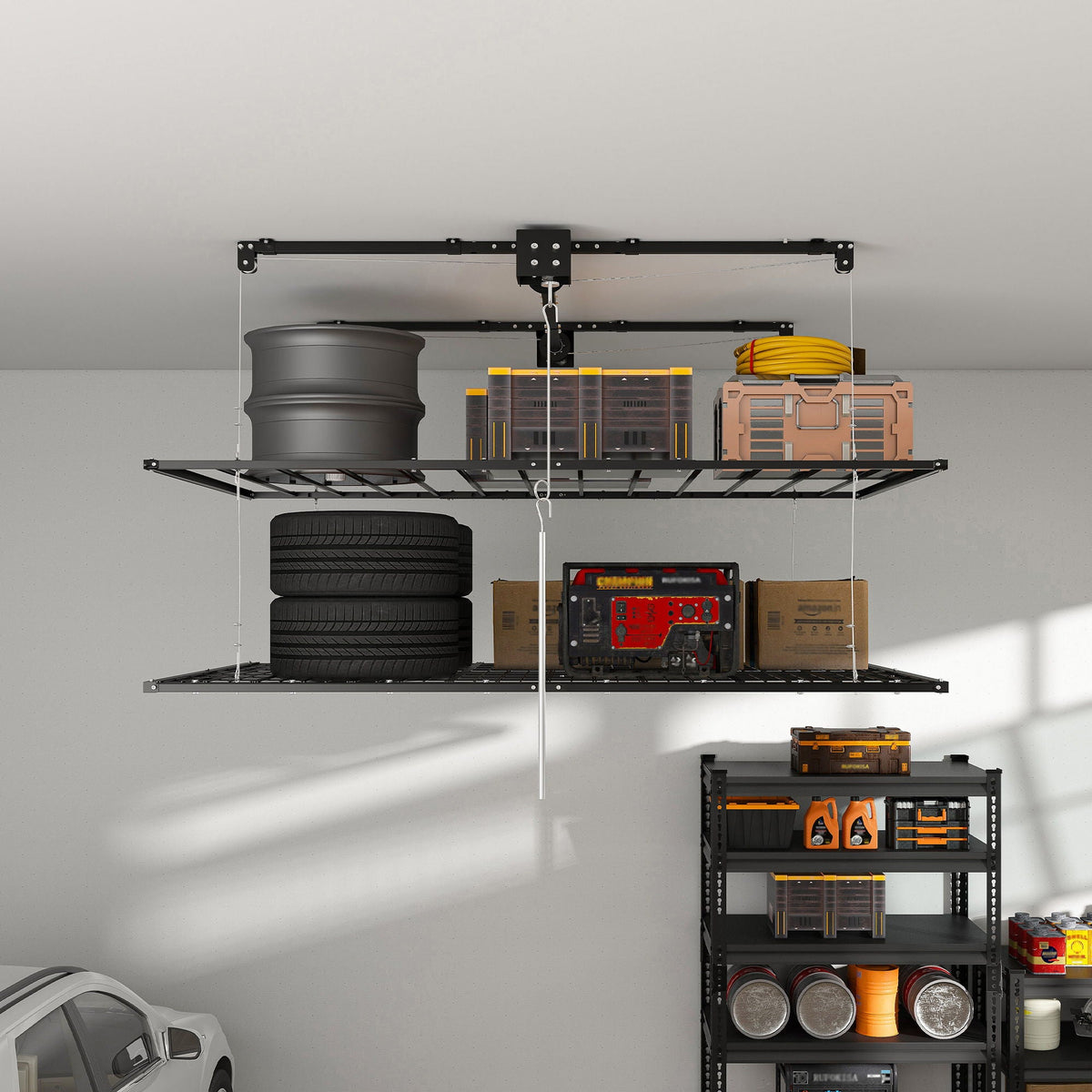Overhead Garage Storage Rack with Crank System - Black or White