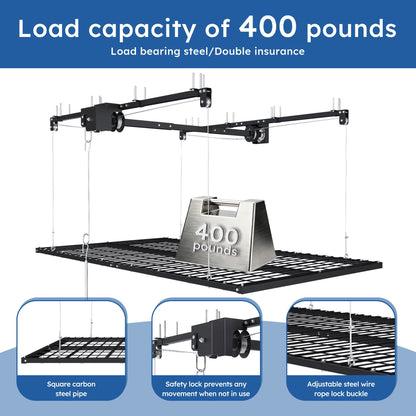 Overhead Garage Storage Rack with Crank System - Black or White