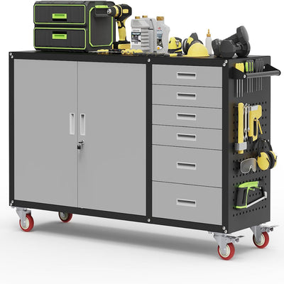 55"W Heavy Duty Rolling Workbench with Drawers and Storage,1000 LBS Capacity Work Bench with Lockable Cabinet & Adjustable Shelf,Garage Workbench with Pegboard & Wheels for Garage/Repair Shop