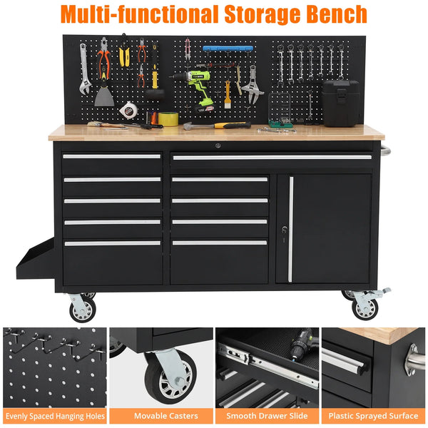 Rolling Tool Chest Workbench Built for Heavy Duty Storage, 10 Drawers, 1675 lb Capacity, Mobile Cart