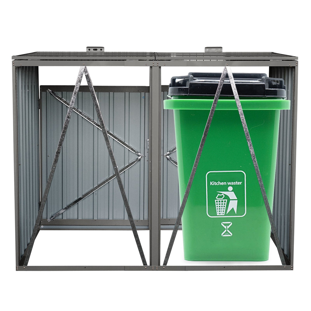 Outdoor Metal Garbage Bin Shed with Durable Galvanized Steel - Two Trash Cans