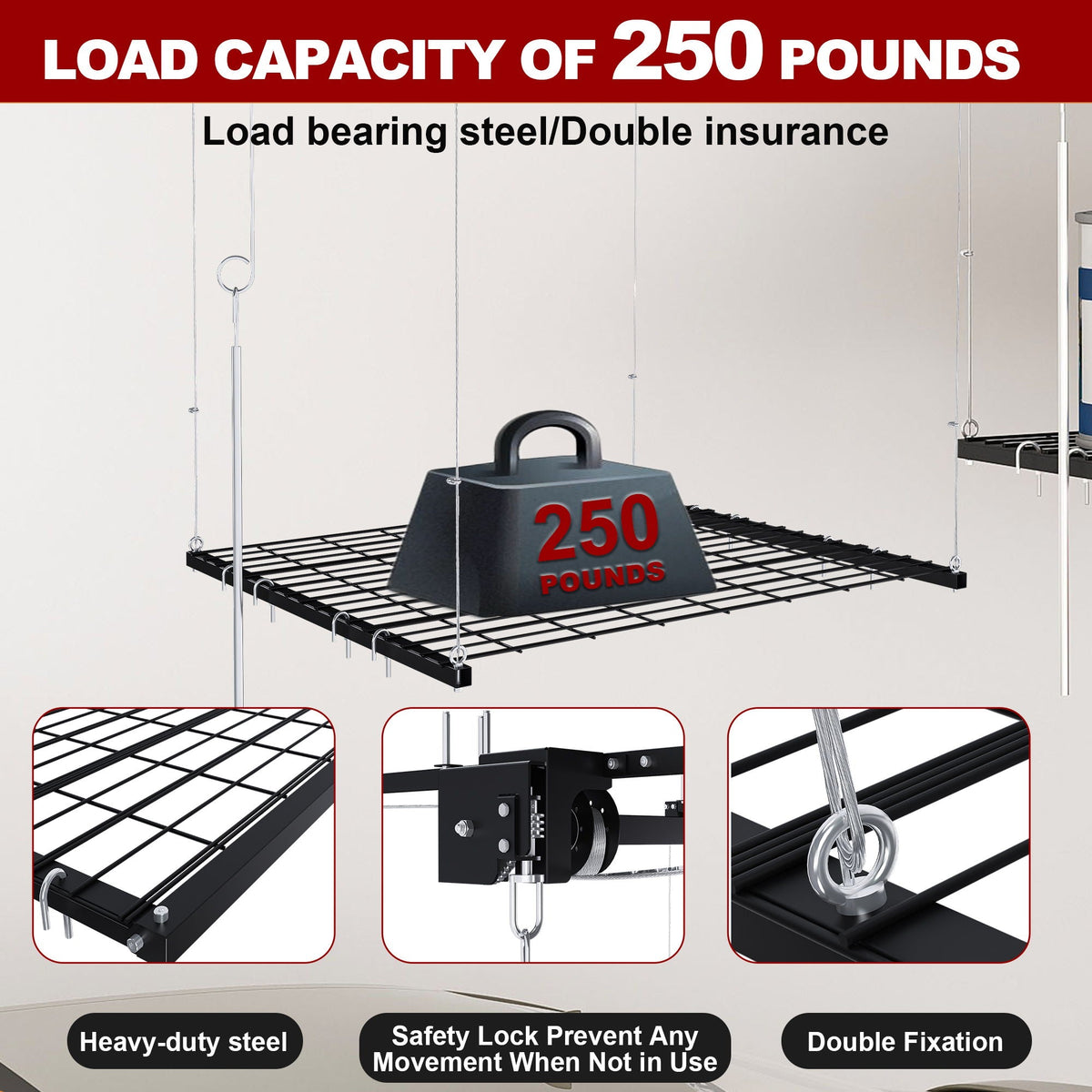 Overhead Garage Storage Rack with Crank System - Black or White