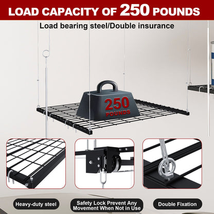 Overhead Garage Storage Rack with Crank System - Black or White