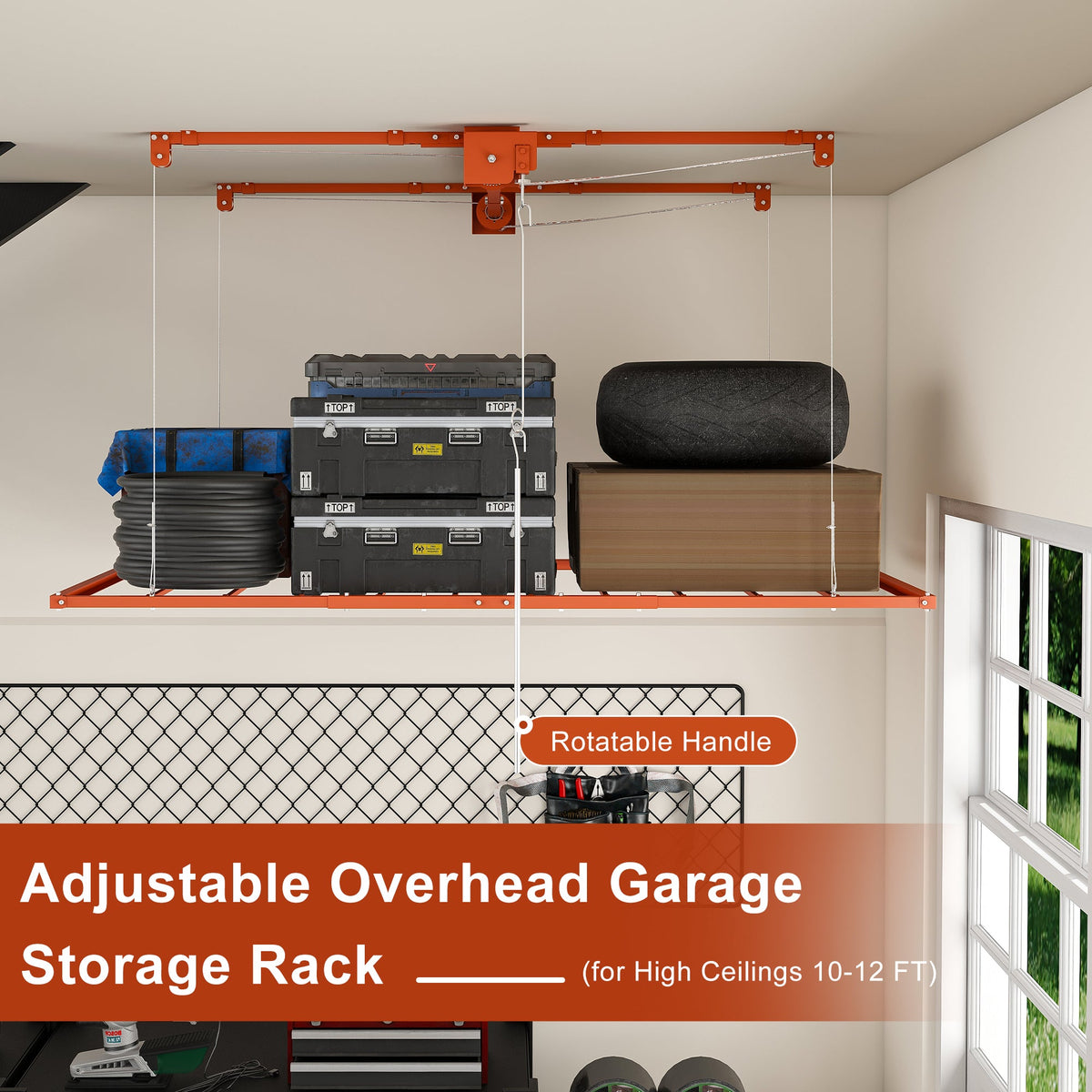 Orange Overhead Garage Storage Rack with All-Steel Construction - Orange