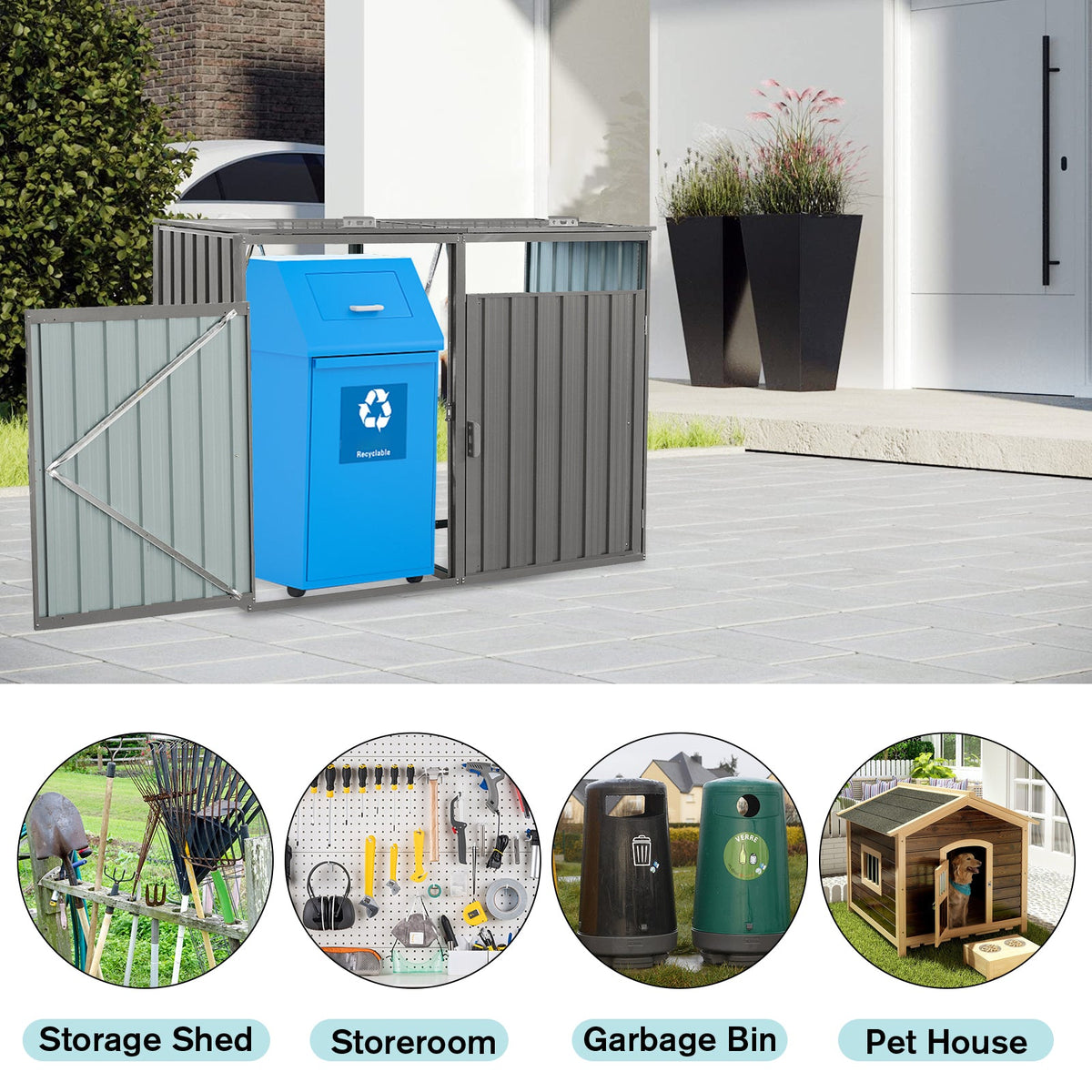 Outdoor Metal Garbage Bin Shed with Durable Galvanized Steel - Two Trash Cans