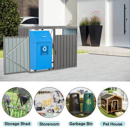 Outdoor Metal Garbage Bin Shed with Durable Galvanized Steel - Two Trash Cans
