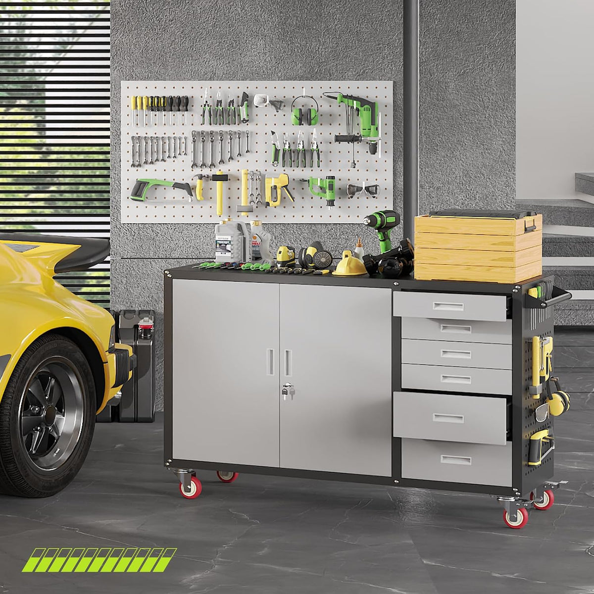 55"W Heavy Duty Rolling Workbench with Drawers and Storage,1000 LBS Capacity Work Bench with Lockable Cabinet & Adjustable Shelf,Garage Workbench with Pegboard & Wheels for Garage/Repair Shop