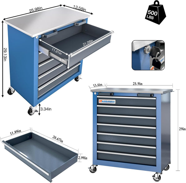 Combination Tool Chest with Lock,5-Drawer/7-Drawer/2 Door Tool Cabinet Can Be Interconnected,Rolling Tool Chest with Wheels and Padded Feet,With Stainless Steel Protective Film Countertop