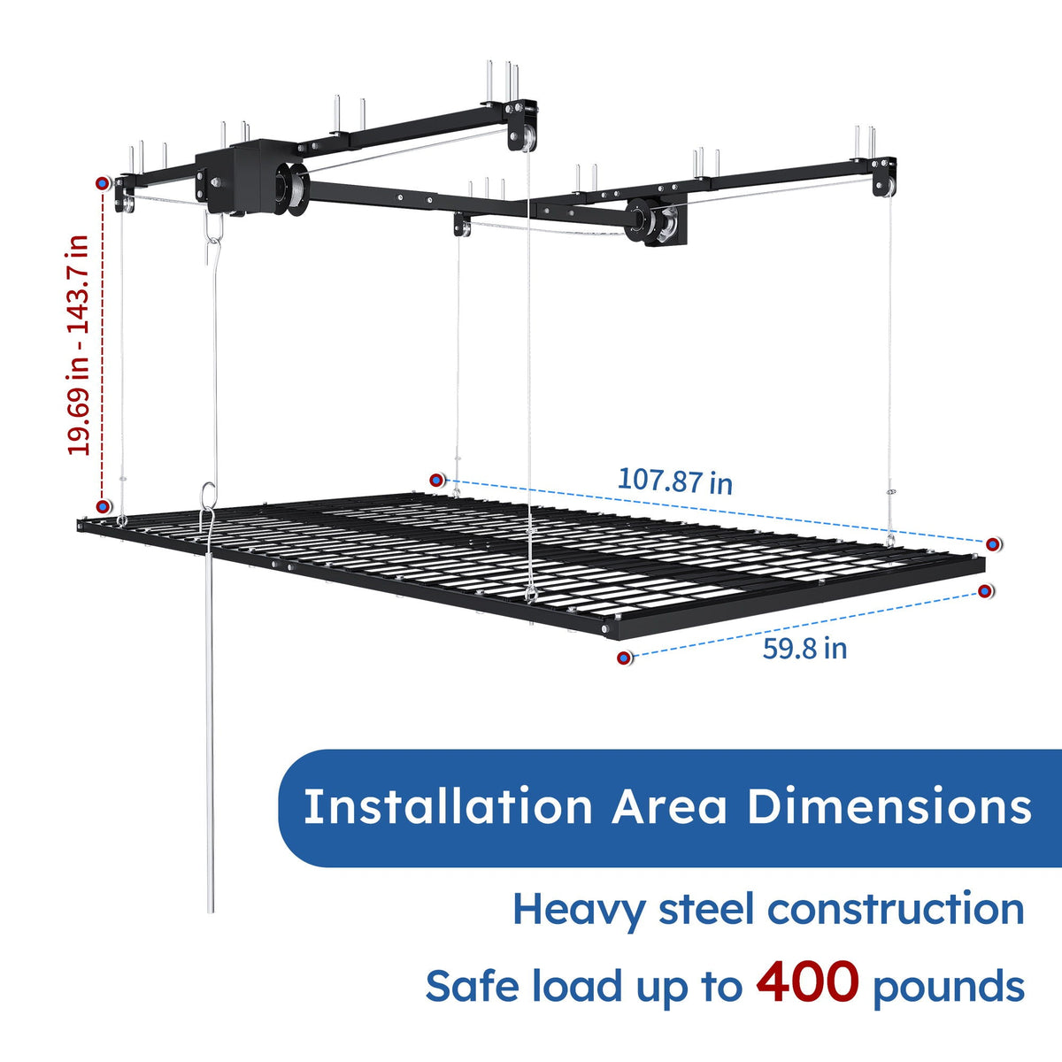 Overhead Garage Storage Rack with Crank System - Black or White
