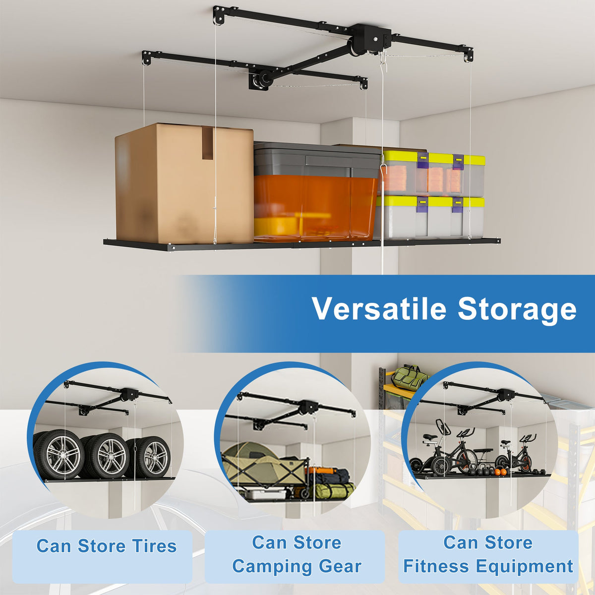 Black Overhead Garage Storage Rack with 370 lbs Capacity - Black