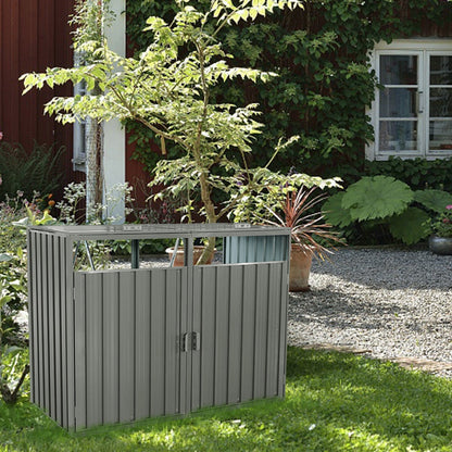 Outdoor Metal Garbage Bin Shed with Durable Galvanized Steel - Two Trash Cans