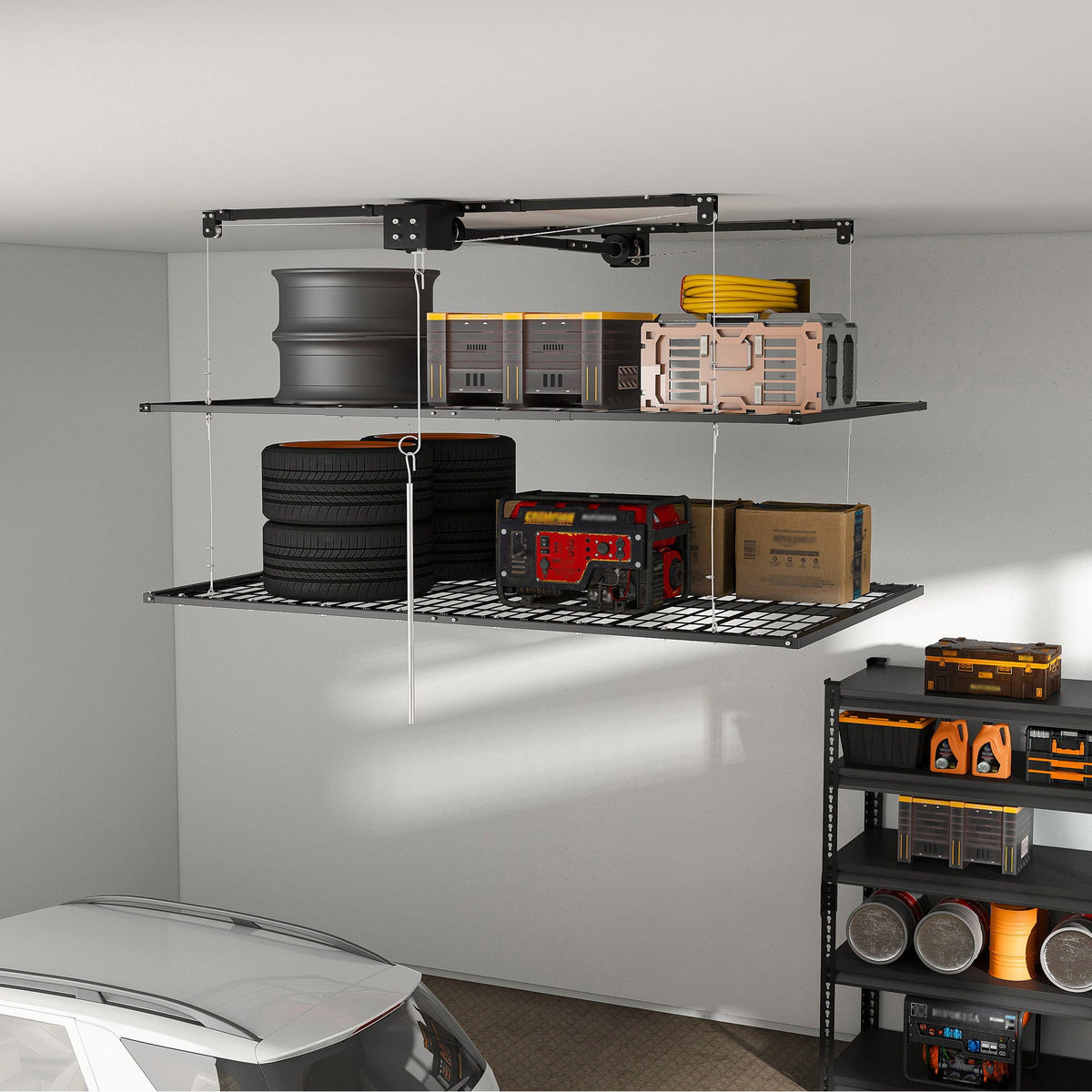 Overhead Garage Storage Rack with Crank System - Black or White