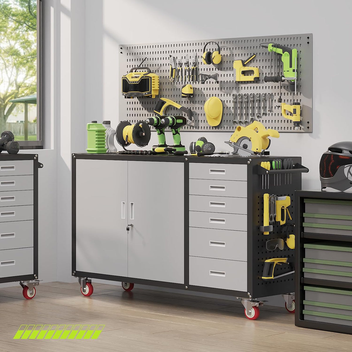 55"W Heavy Duty Rolling Workbench with Drawers and Storage,1000 LBS Capacity Work Bench with Lockable Cabinet & Adjustable Shelf,Garage Workbench with Pegboard & Wheels for Garage/Repair Shop