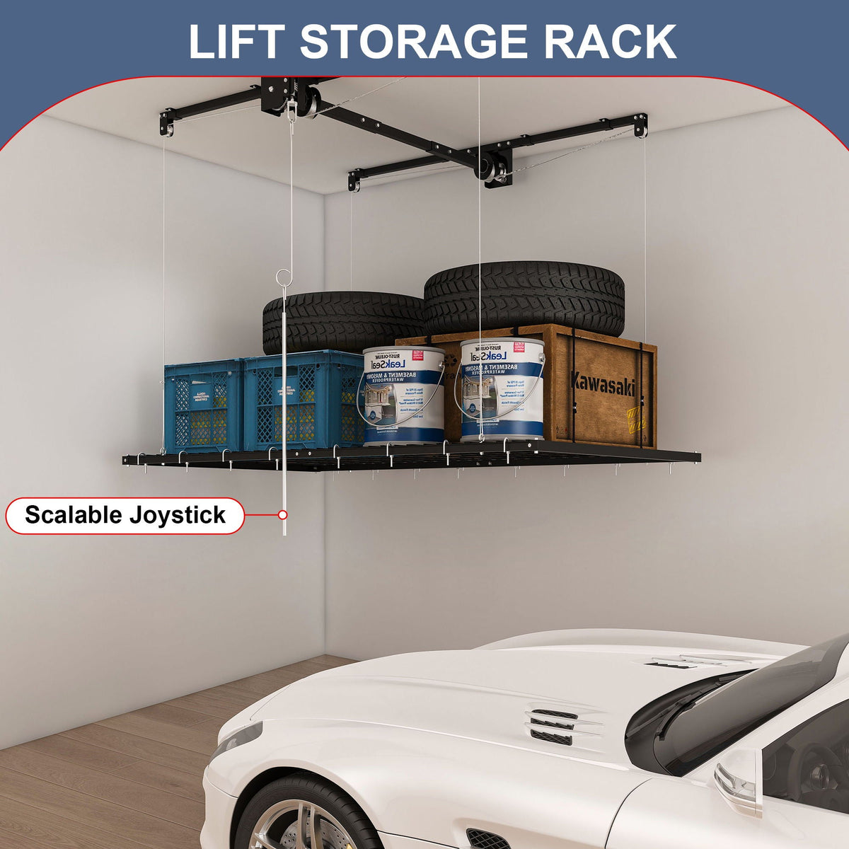 Overhead Garage Storage Rack with Crank System - Black or White