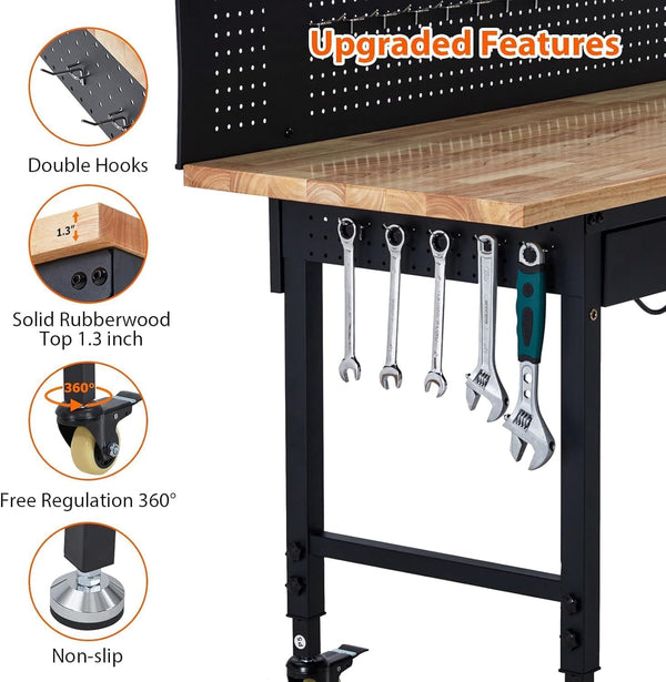 Adjustable Height Workbench Built for Heavy-Duty Use, 2000 LBS Capacity, Power Outlets, 60 Inch Steel Frame