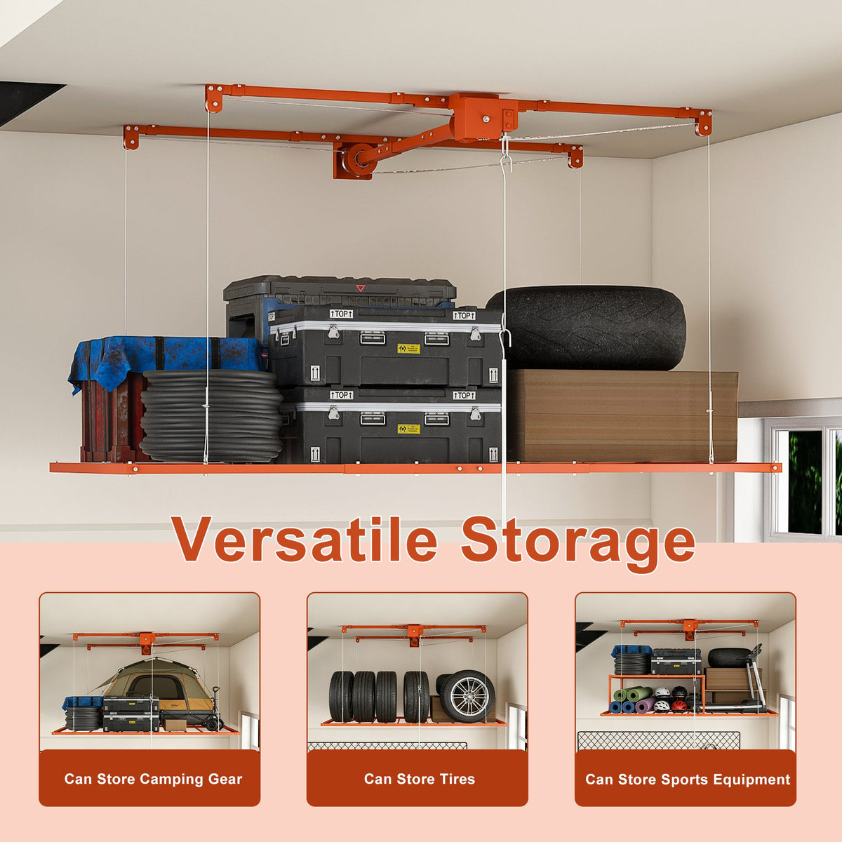 Orange Overhead Garage Storage Rack with All-Steel Construction - Orange