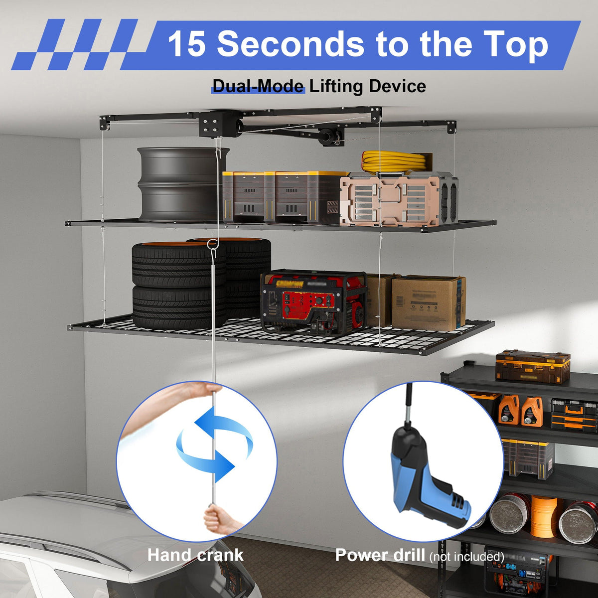 Overhead Garage Storage Rack with Crank System - Black or White