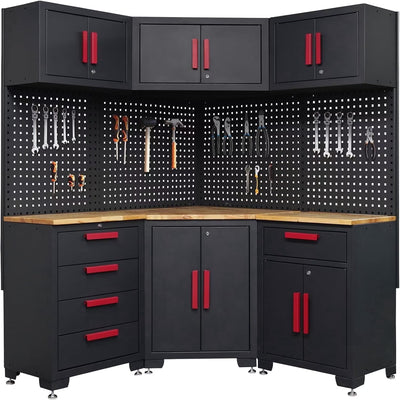 Garage Cabinet Storage System Built for Workshop Organization, 10-Piece Steel Set, Corner Design, Pegboard Compatible
