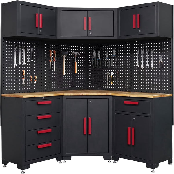 Red Garage Cabinet Storage System 10-Pcs Corner Workshop Set Garage Cabinet and Storage System for Tool Organization
