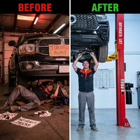 Two Post Car Lift Engineered for Professional Service, 12,000 lb Capacity, 167 Inch Height, Dual Hydraulic — Before & After